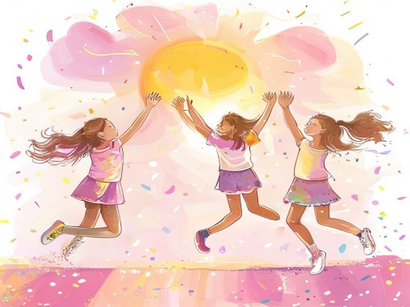 Three girls jumping towards the sun giving high fives